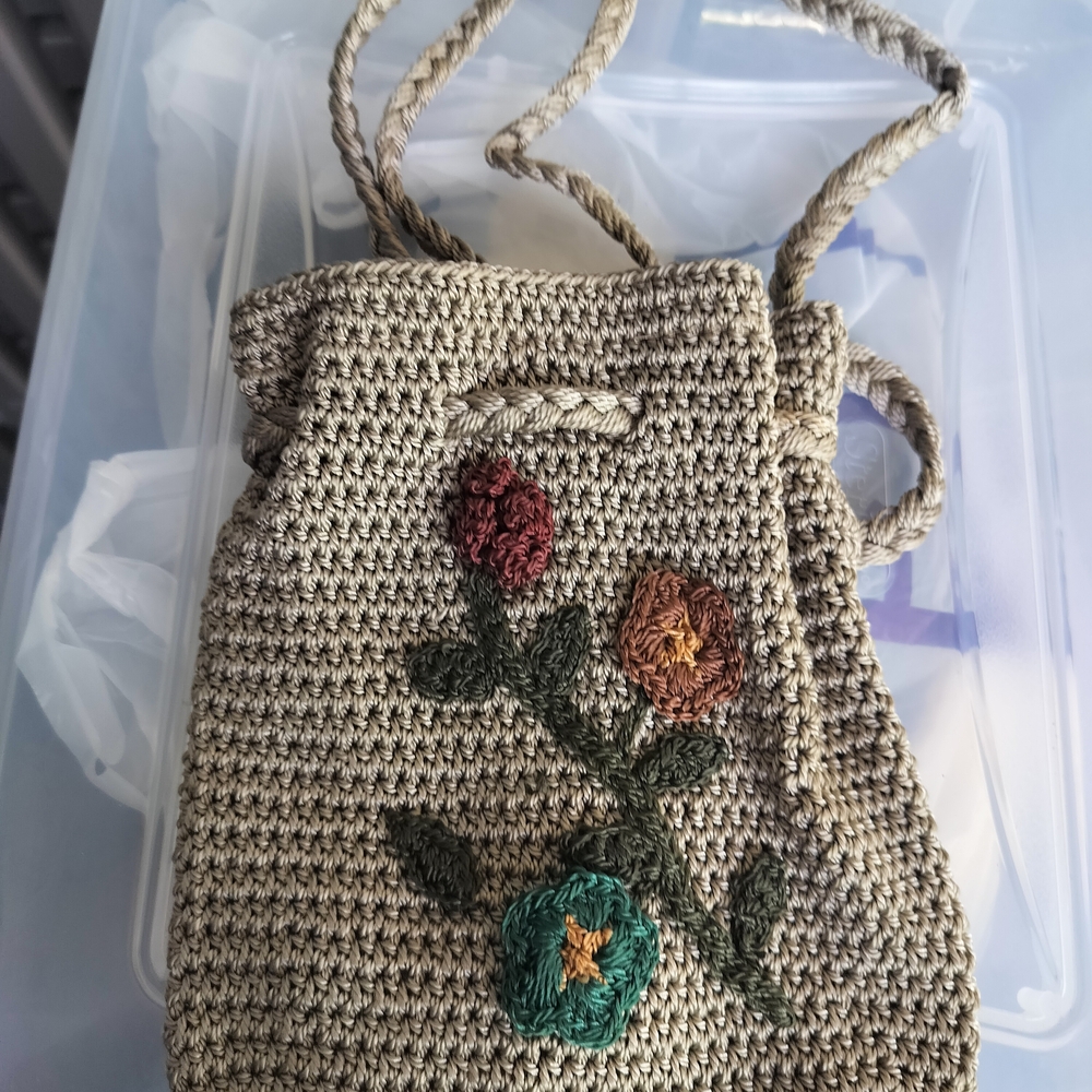 Tan and Red Mini Bag with Floral Crochet Design